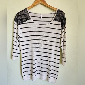 Studio Y Women's White Black Striped Sweater with Lace Embellishment Size Medium